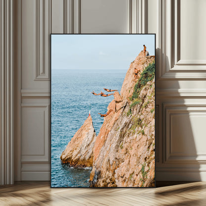 Canvas wall art capturing a bold cliff diving sequence into turquoise waters, perfect for vibrant and adventurous coastal or sporty interiors.