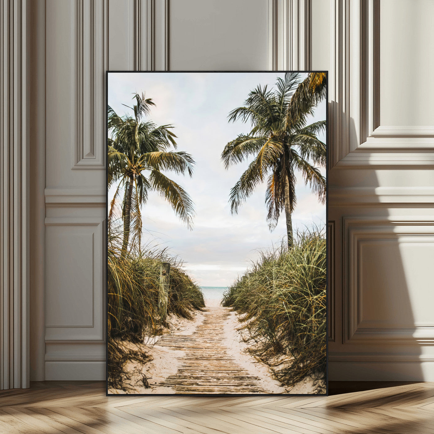Canvas wall art of a tropical beach path with palm trees and dune grass, ideal for coastal entryways or tropical-inspired home decor.