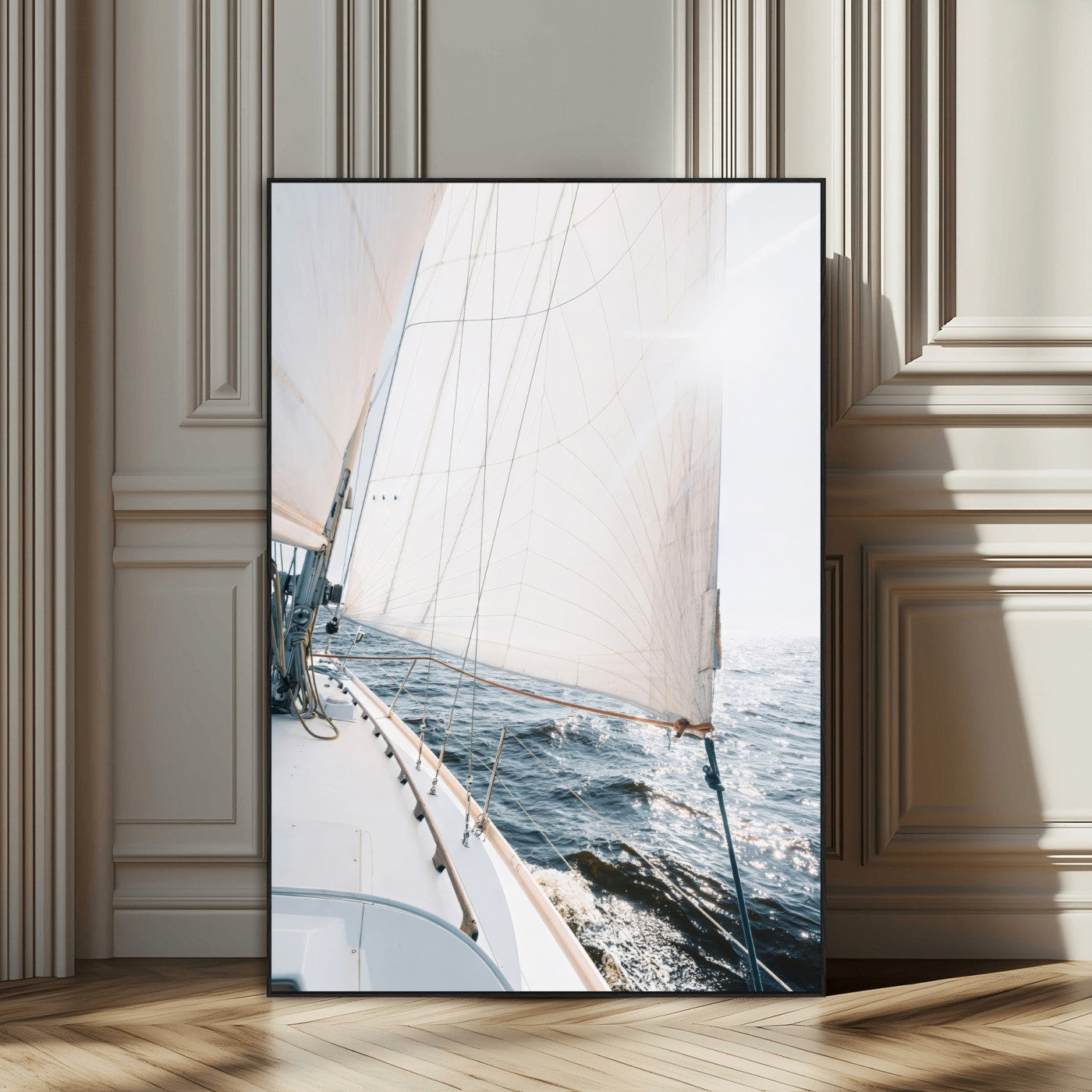 Canvas of a sailboat gliding on a sunlit ocean with white sails and sparkling water, ideal for coastal minimalist or nautical-style home decor.