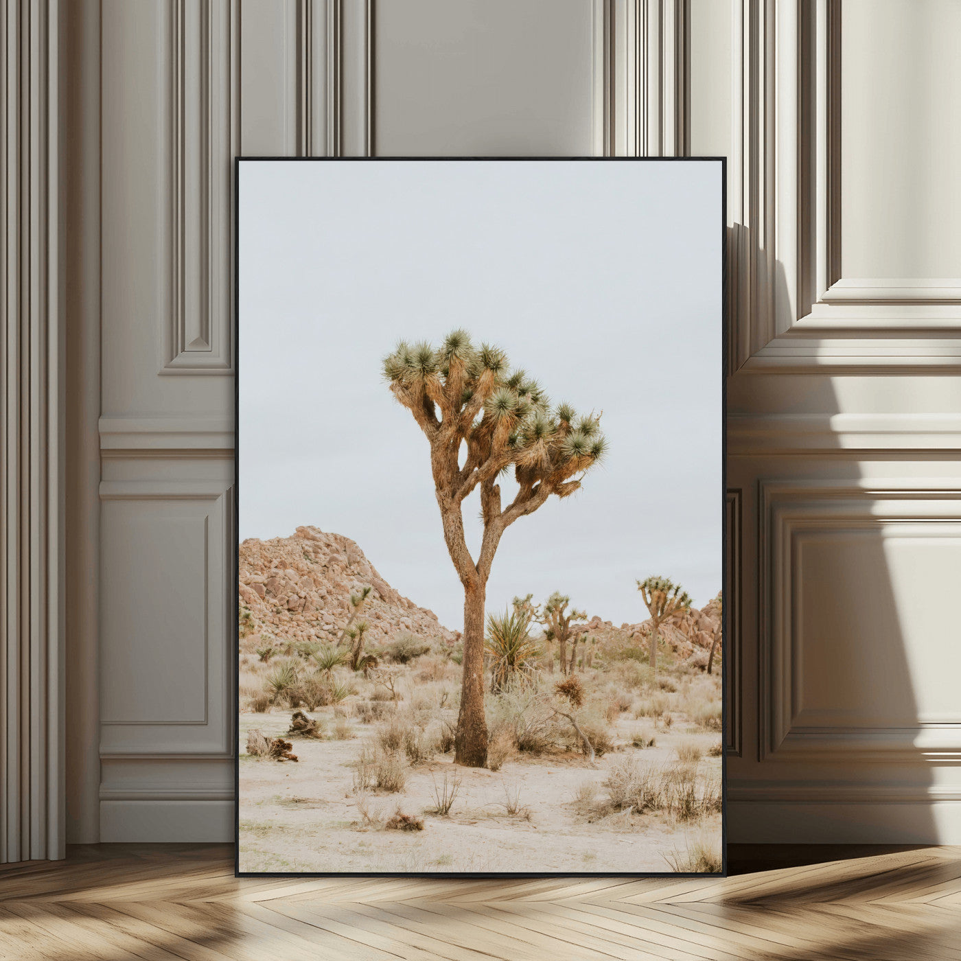 Canvas of a Joshua Tree in neutral desert tones under soft light, ideal for southwestern minimalist or rustic nature-inspired home decor.