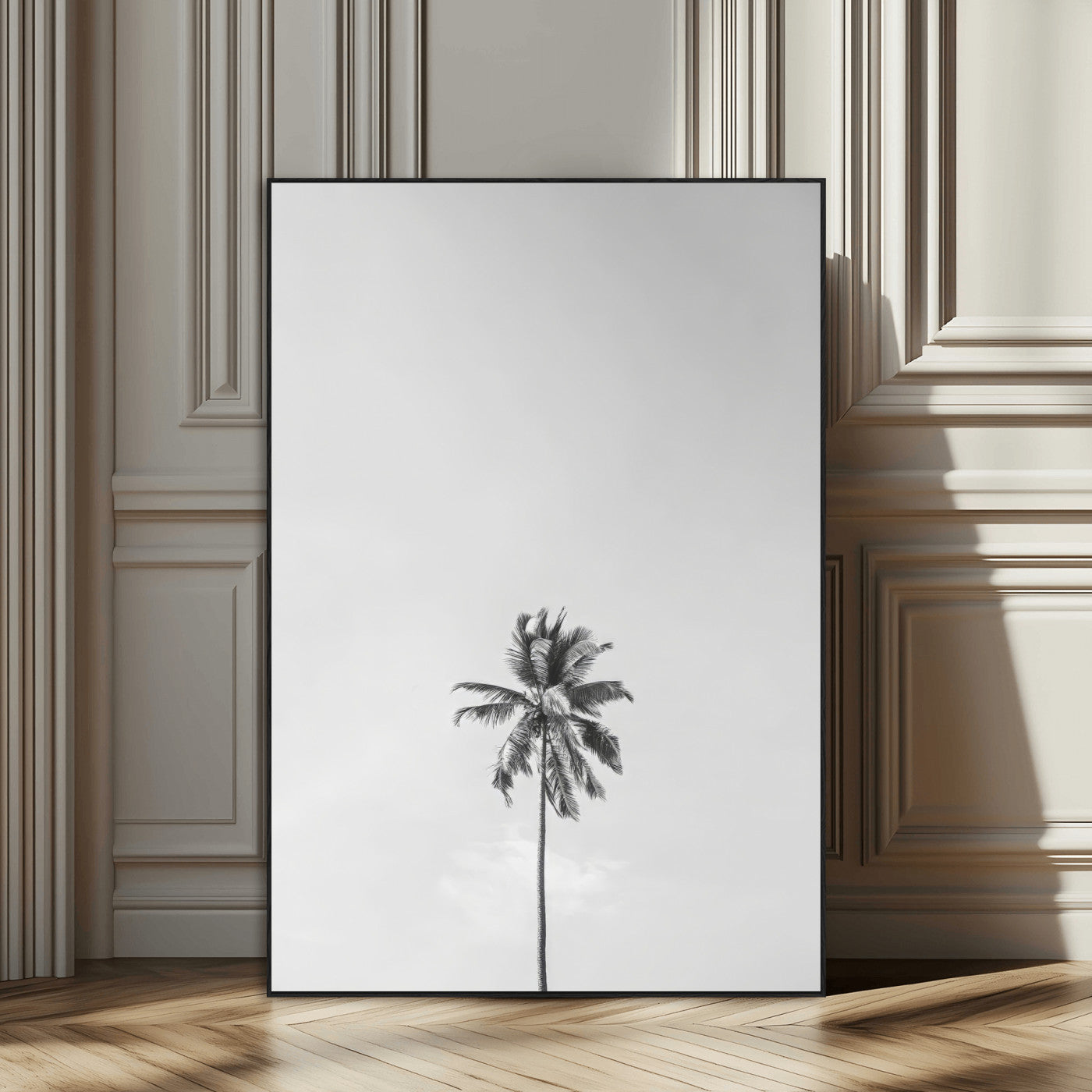Canvas of a single palm tree in black and white with minimalist sky, ideal for modern coastal minimalist or tropical-inspired home decor.