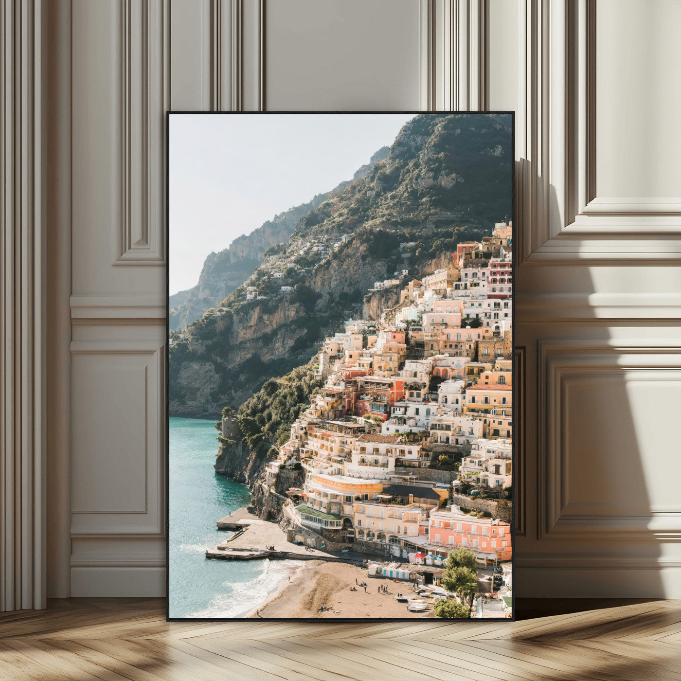 Canvas of colorful cliffside homes in Positano along the Amalfi Coast with warm tones, perfect for Mediterranean coastal or European-inspired home decor.