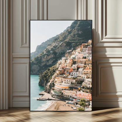Canvas of colorful cliffside homes in Positano along the Amalfi Coast with warm tones, perfect for Mediterranean coastal or European-inspired home decor.