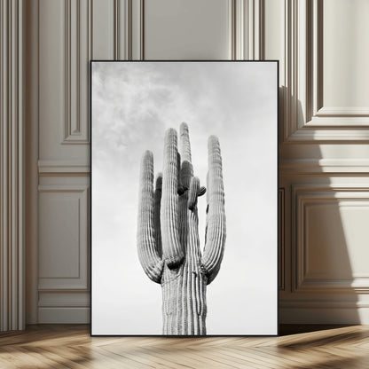 Canvas of a tall saguaro cactus in black and white with moody tones, perfect for southwestern minimalist or modern desert-themed home decor.