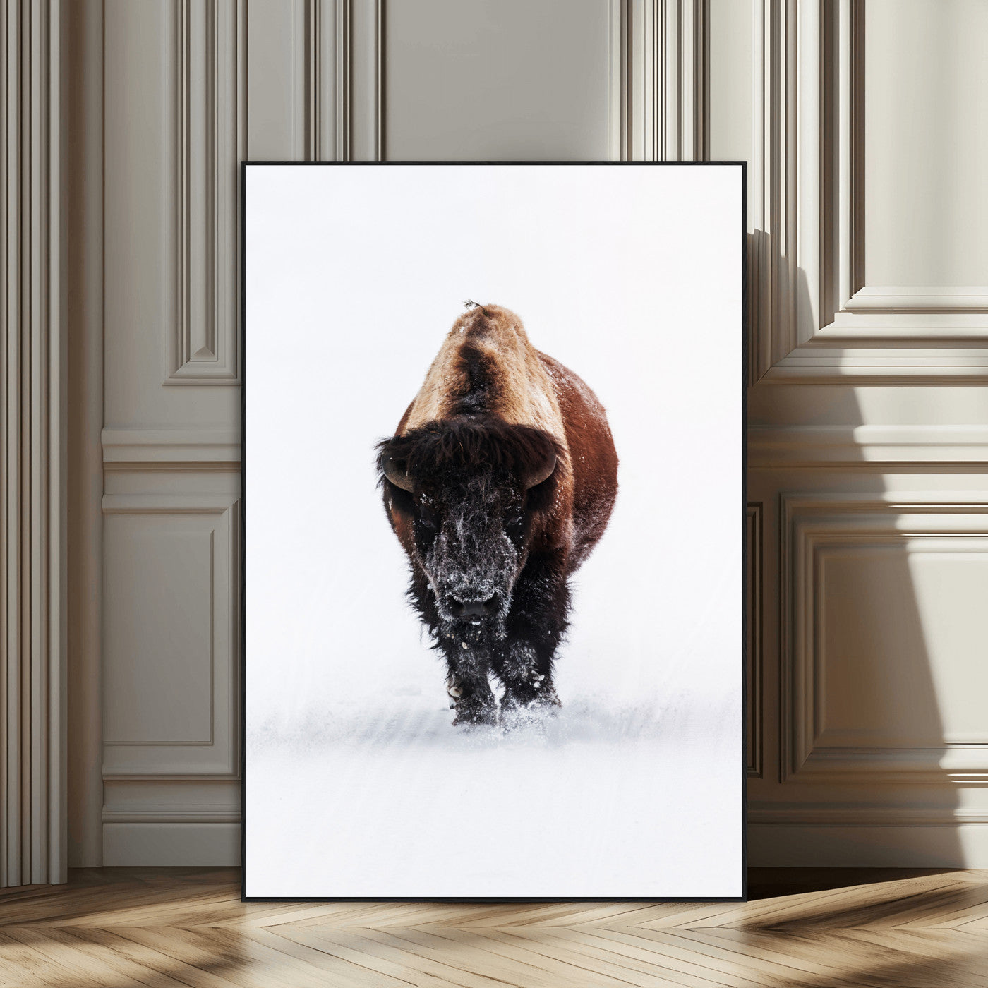 Front view of a strong bison walking in deep snow, isolated white background, perfect for rustic or lodge-style home decor.
