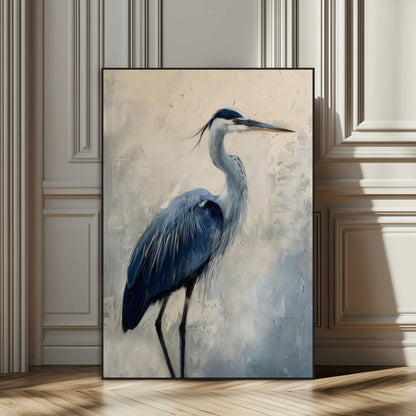 Blue heron standing gracefully on one leg, painted in soft neutrals and cool tones, perfect for modern coastal or nature-inspired decor.
