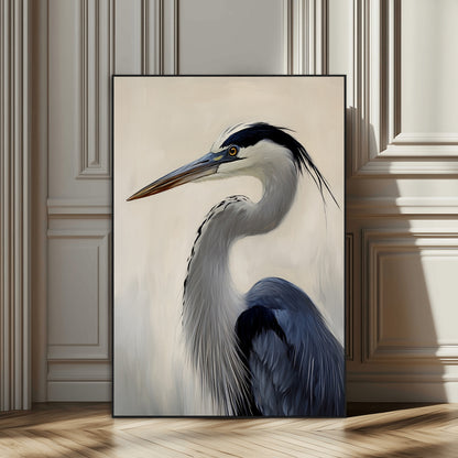 Single blue heron in profile with soft feathers and neutral tones, ideal for tranquil, coastal or nature-inspired interior settings.