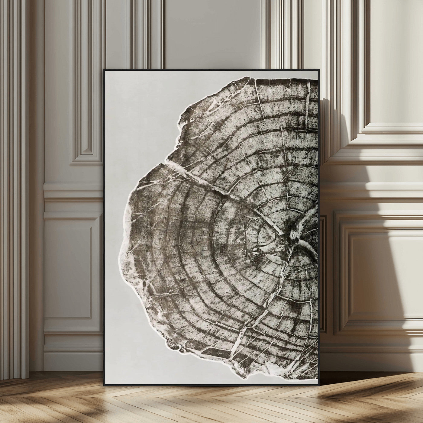 A close-up tree ring cross-section with neutral tones and organic texture, perfect for rustic, modern, or minimalist interior wall decor.