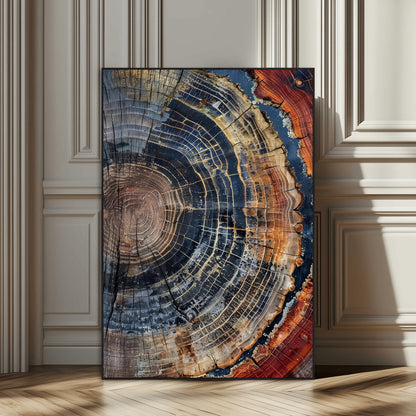 Detailed tree ring cross-section with rich earth tones and wood texture, ideal for rustic, cabin, or nature-inspired interior wall decor.