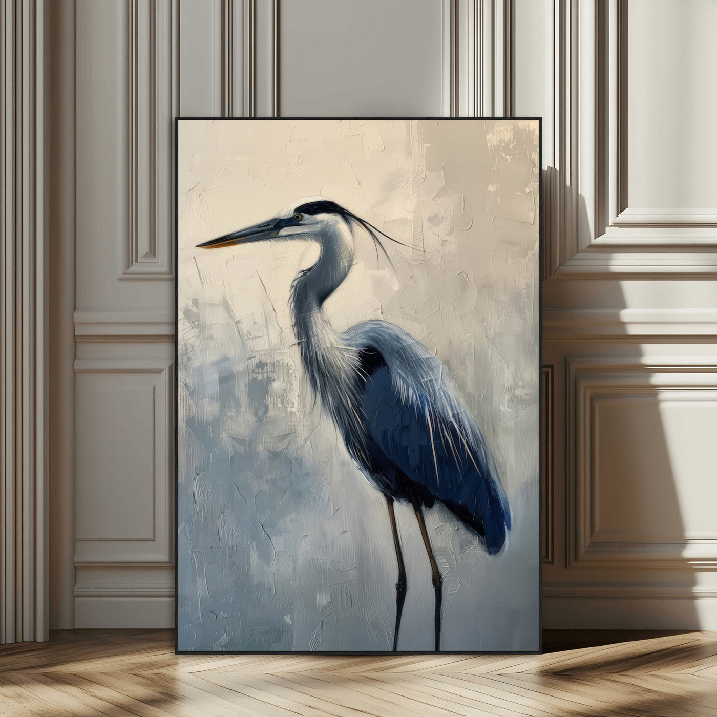 Elegant heron bird standing tall with soft brushstroke texture and muted tones, perfect for coastal or nature-themed home decor.