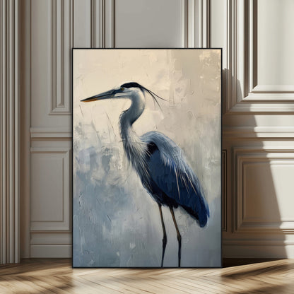 Elegant heron bird standing tall with soft brushstroke texture and muted tones, perfect for coastal or nature-themed home decor.