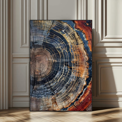 Close-up of a tree ring cross-section showing detailed growth rings in earthy tones, perfect for rustic or nature-inspired home decor.