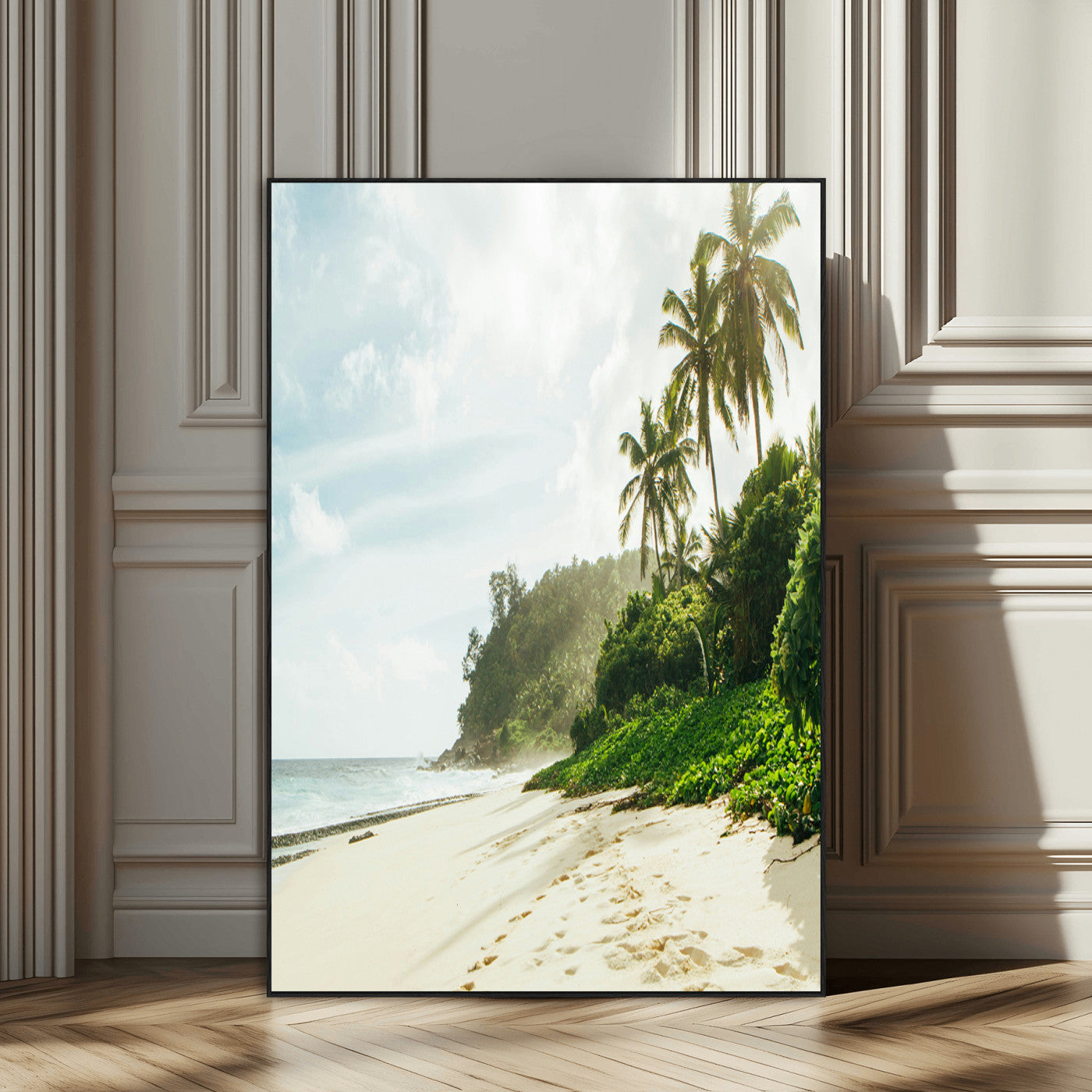 A tropical beach with palm trees, soft sand, and ocean waves under a bright sky, creating a peaceful and relaxing coastal view.