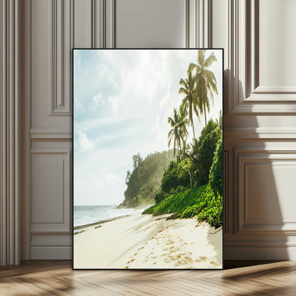 A tropical beach with palm trees, soft sand, and ocean waves under a bright sky, creating a peaceful and relaxing coastal view.