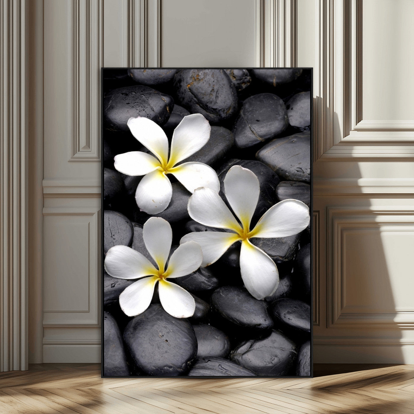 Large Wall Art White Flowers on Black Zen Meditation Stones Vertical Canvas Print