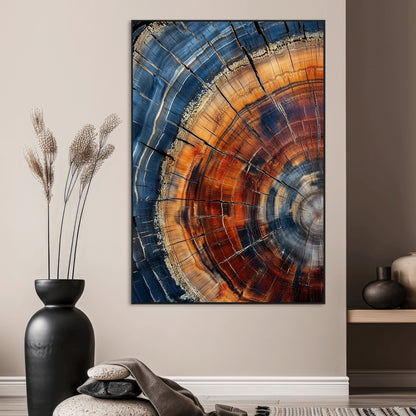 Canvas of colorful tree rings in rich blue and warm orange hues with cracked natural texture, ideal for rustic or earthy decor styles.