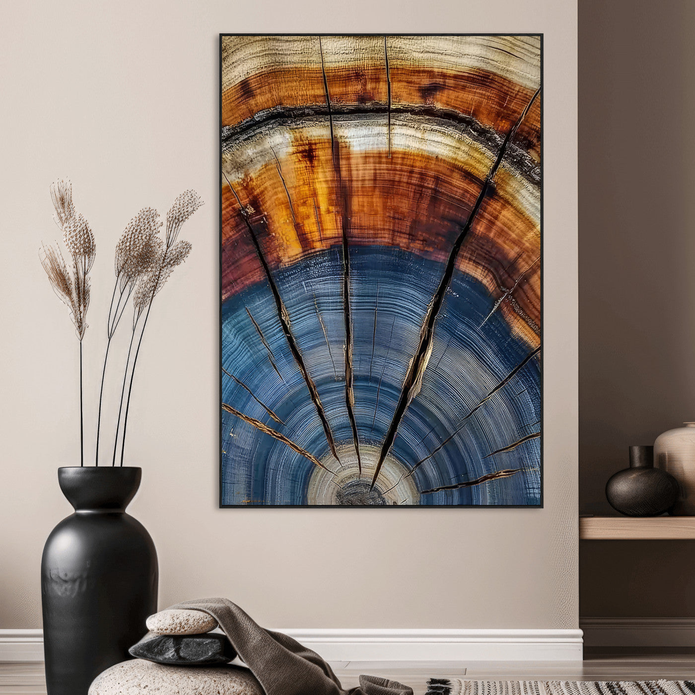 Canvas of a tree ring with bold blue and orange hues and cracked radial lines, ideal for rustic or earthy modern interiors.