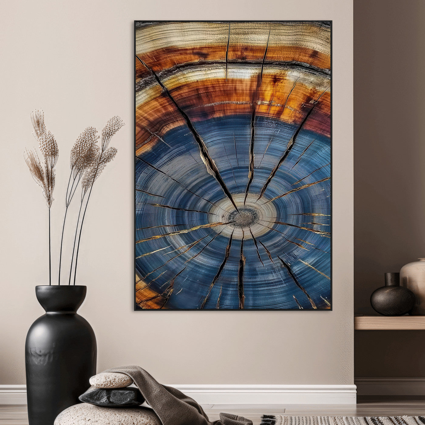 Canvas of a tree ring with bold blue and orange hues and cracked radial lines, ideal for rustic or earthy modern interiors.