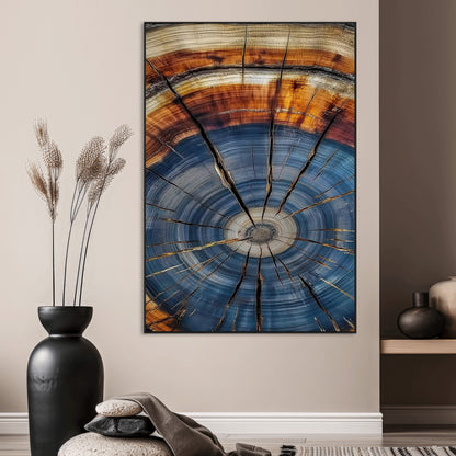 Canvas of a tree ring with bold blue and orange hues and cracked radial lines, ideal for rustic or earthy modern interiors.