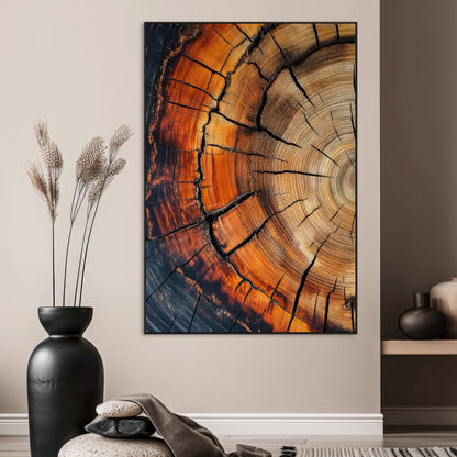 Canvas of a cracked tree ring with warm burnt orange tones and dark edges, ideal for rustic or earthy home decor themes.