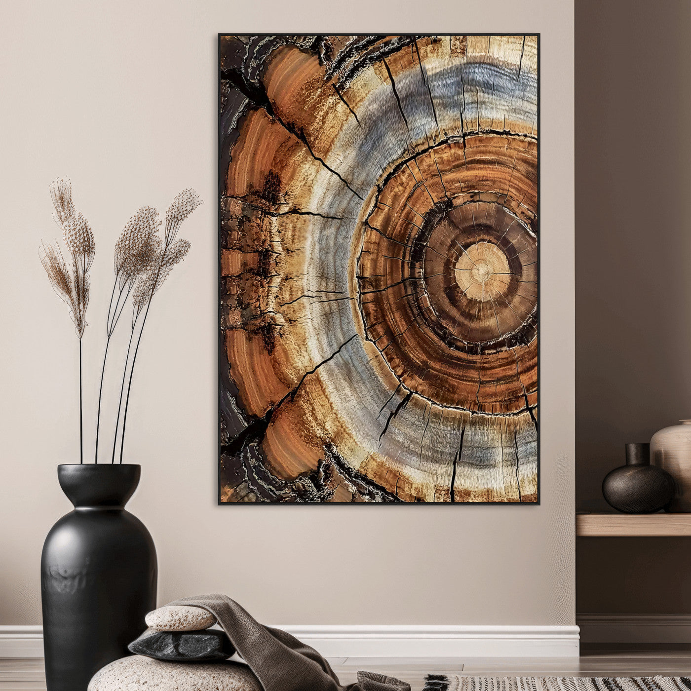 Canvas of tree rings and natural wood grain in earthy tones, ideal for rustic or vintage-inspired home decor with organic textures.