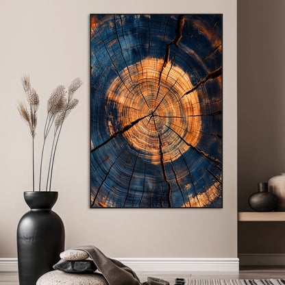 Close-up canvas of tree rings with burnt orange and deep blue tones, perfect for rustic or earthy-themed home decor.