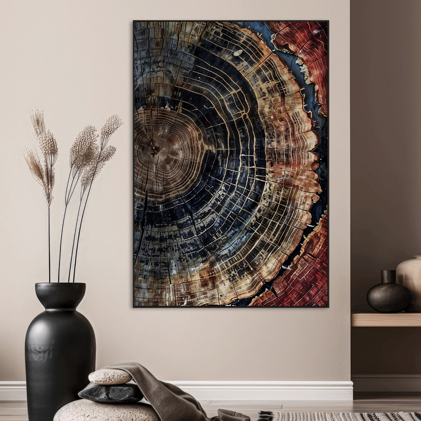 Rustic canvas featuring detailed tree rings and dark earthy tones, ideal for moody wood or organic nature-inspired home decor.