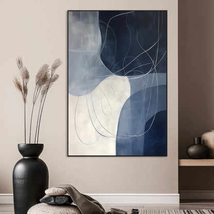Contemporary abstract canvas with navy, grey, and white curved forms and fine line details, ideal for minimalist or modern interiors.