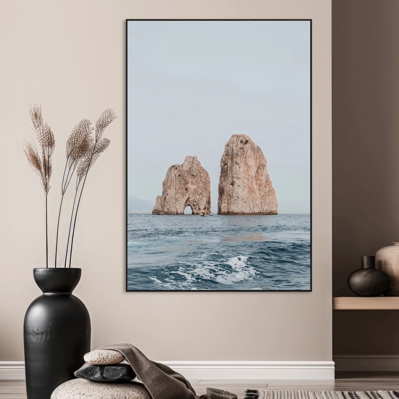 Serene photograph of the Faraglioni rocks in Capri with calm blue waters, perfect for Mediterranean coastal or minimalist travel-themed decor.