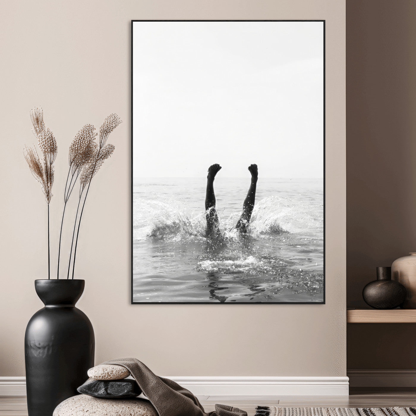 Black and white ocean art featuring a swimmer's legs mid-splash, perfect for minimalist, coastal, or monochrome modern interiors.