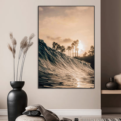 Golden sunset view of an ocean wave curling near palm trees, radiating warm tones perfect for coastal or tropical-themed decor.