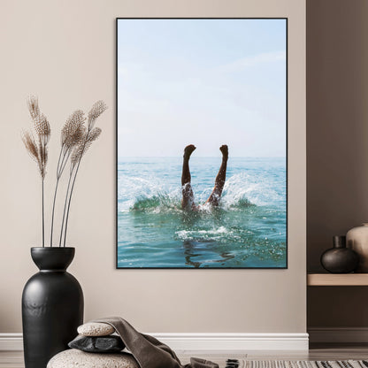 Vibrant ocean canvas of a playful diving splash, ideal for coastal or beach-themed interiors with a lively summer vibe.