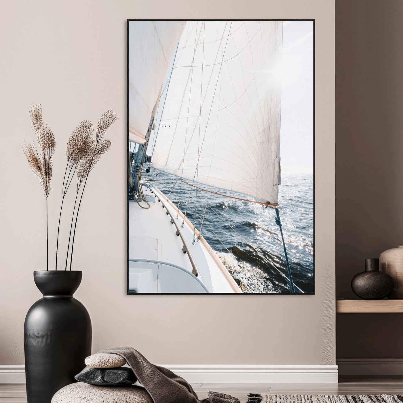 Canvas of a sailboat gliding on a sunlit ocean with white sails and sparkling water, ideal for coastal minimalist or nautical-style home decor.