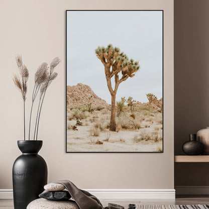 Canvas of a Joshua Tree in neutral desert tones under soft light, ideal for southwestern minimalist or rustic nature-inspired home decor.