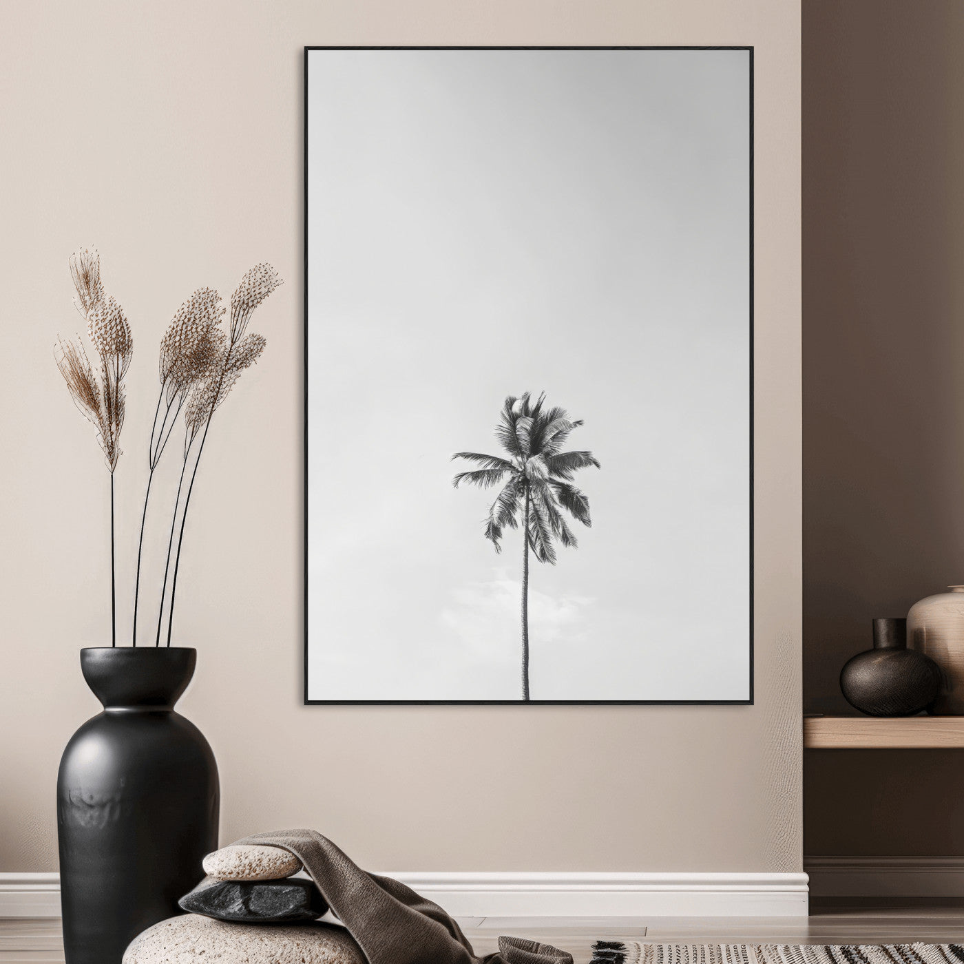 Canvas of a single palm tree in black and white with minimalist sky, ideal for modern coastal minimalist or tropical-inspired home decor.