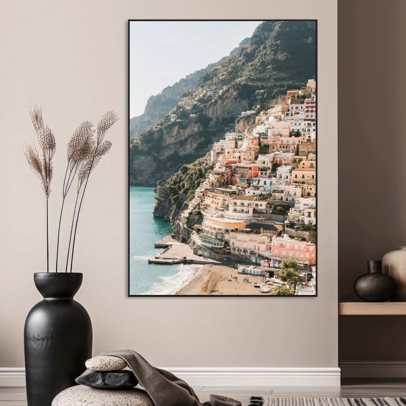 Canvas of colorful cliffside homes in Positano along the Amalfi Coast with warm tones, perfect for Mediterranean coastal or European-inspired home decor.