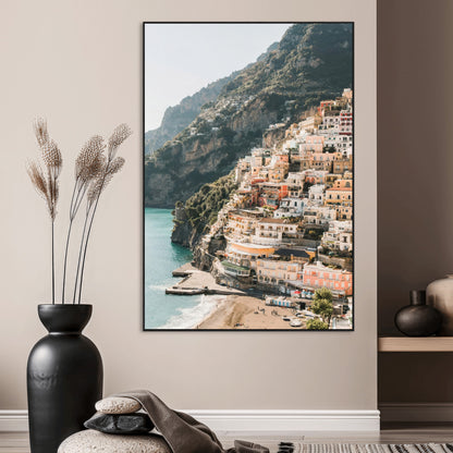 Canvas of colorful cliffside homes in Positano along the Amalfi Coast with warm tones, perfect for Mediterranean coastal or European-inspired home decor.