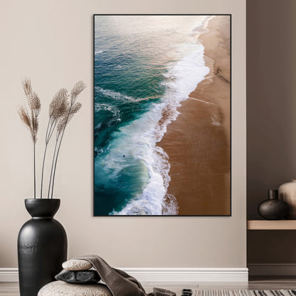 Canvas of a dreamy aerial beach scene with turquoise waves and soft sunset tones, ideal for modern coastal or minimalist home decor.