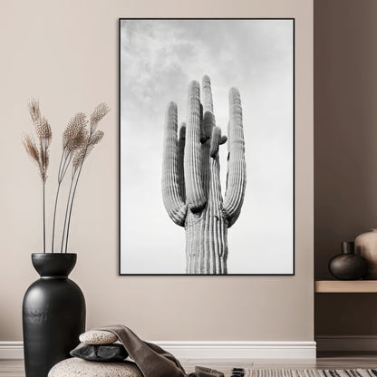 Canvas of a tall saguaro cactus in black and white with moody tones, perfect for southwestern minimalist or modern desert-themed home decor.