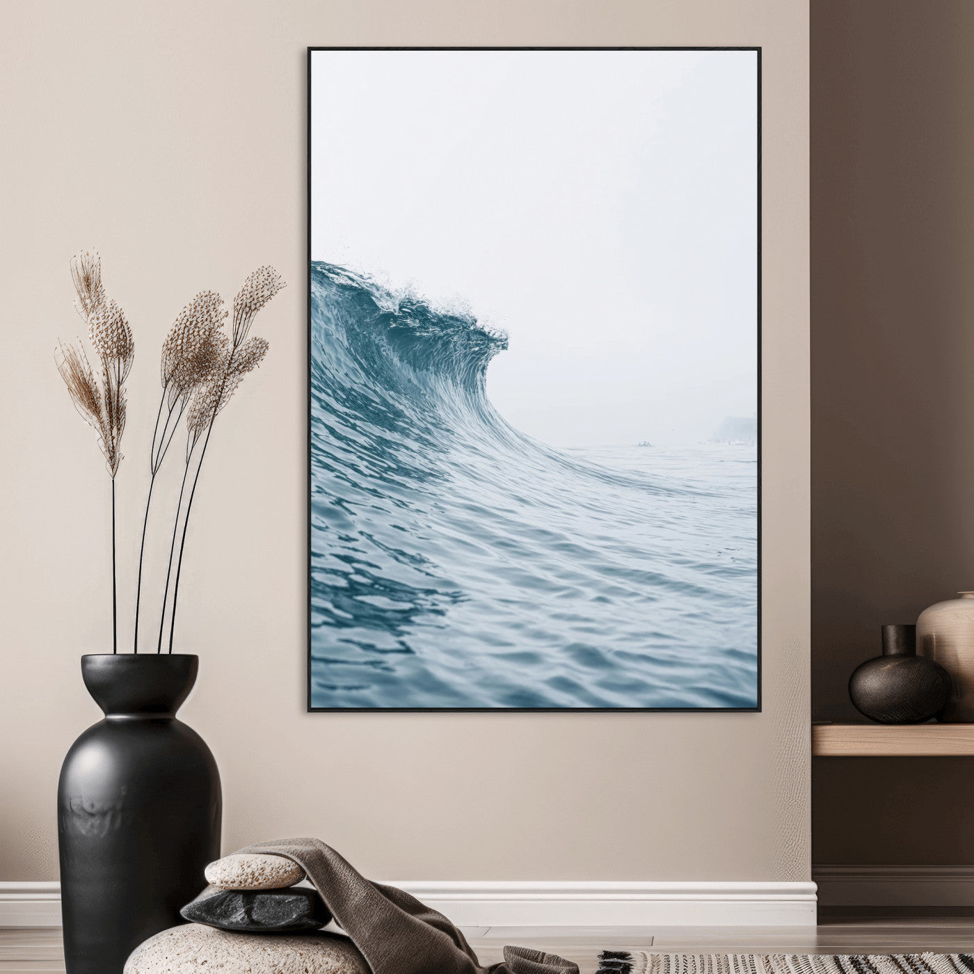 A single ocean wave curling in soft blue tones under a misty sky, ideal for coastal or minimalist home wall decor.