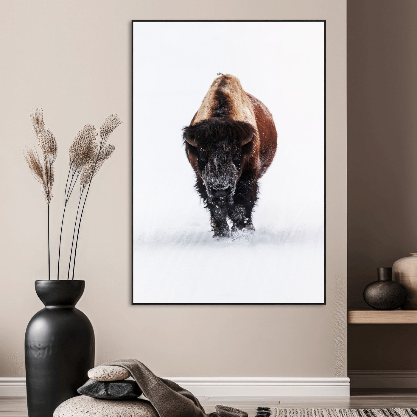 Front view of a strong bison walking in deep snow, isolated white background, perfect for rustic or lodge-style home decor.