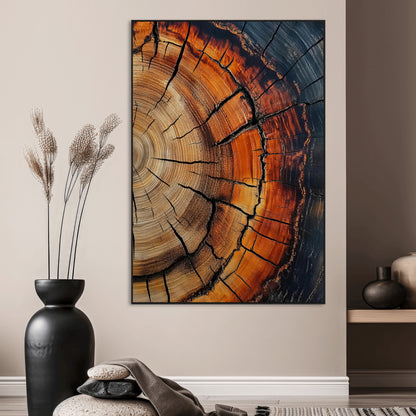 Close-up of a vibrant tree ring cross-section with orange and blue tones, ideal for rustic or boho-style interior decor.