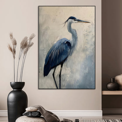 Blue heron standing gracefully on one leg, painted in soft neutrals and cool tones, perfect for modern coastal or nature-inspired decor.