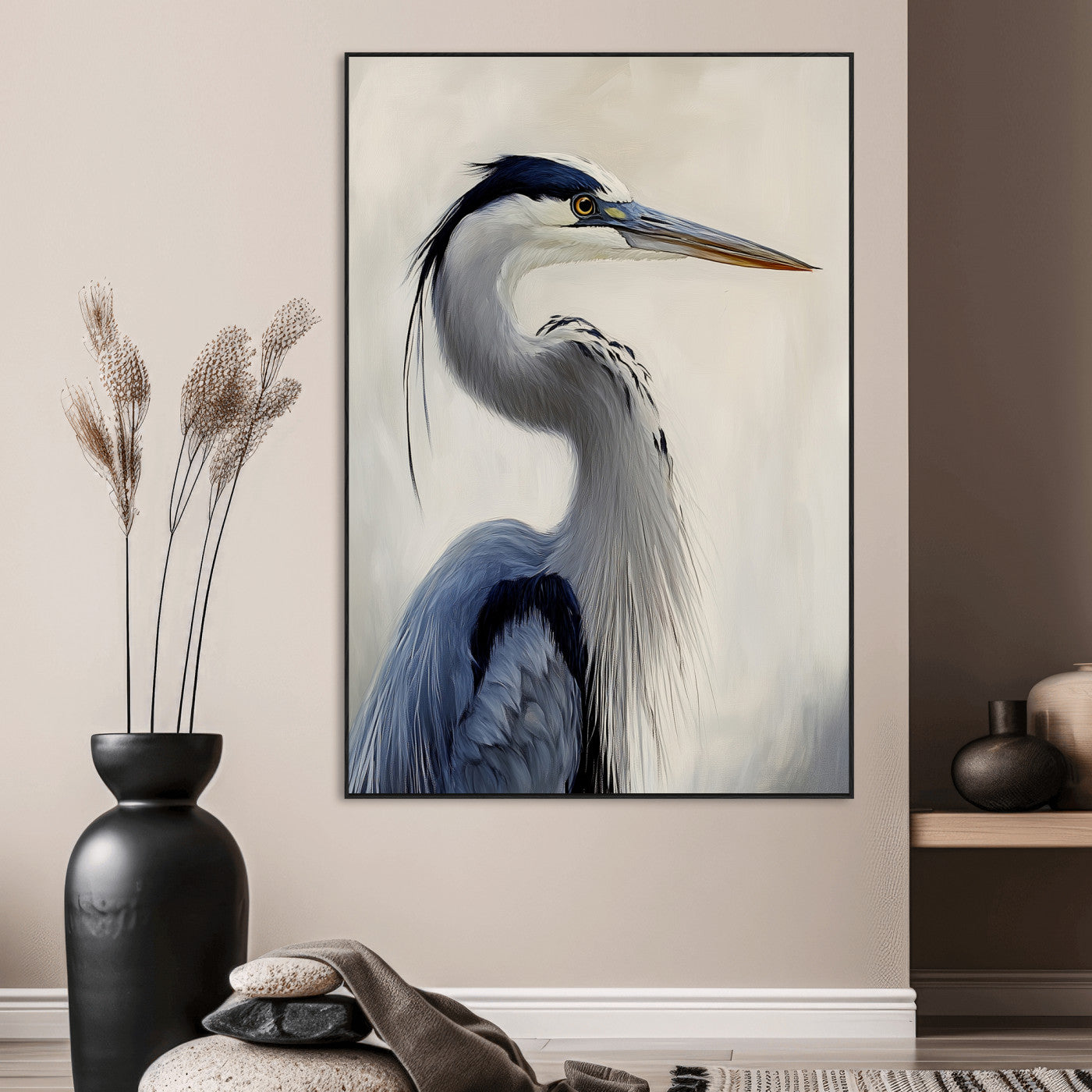 Elegant blue heron in profile with soft brush detail and neutral tones, ideal for nature-themed or coastal minimalist interiors.