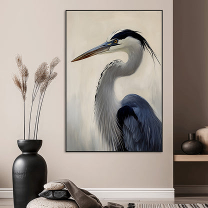 Single blue heron in profile with soft feathers and neutral tones, ideal for tranquil, coastal or nature-inspired interior settings.