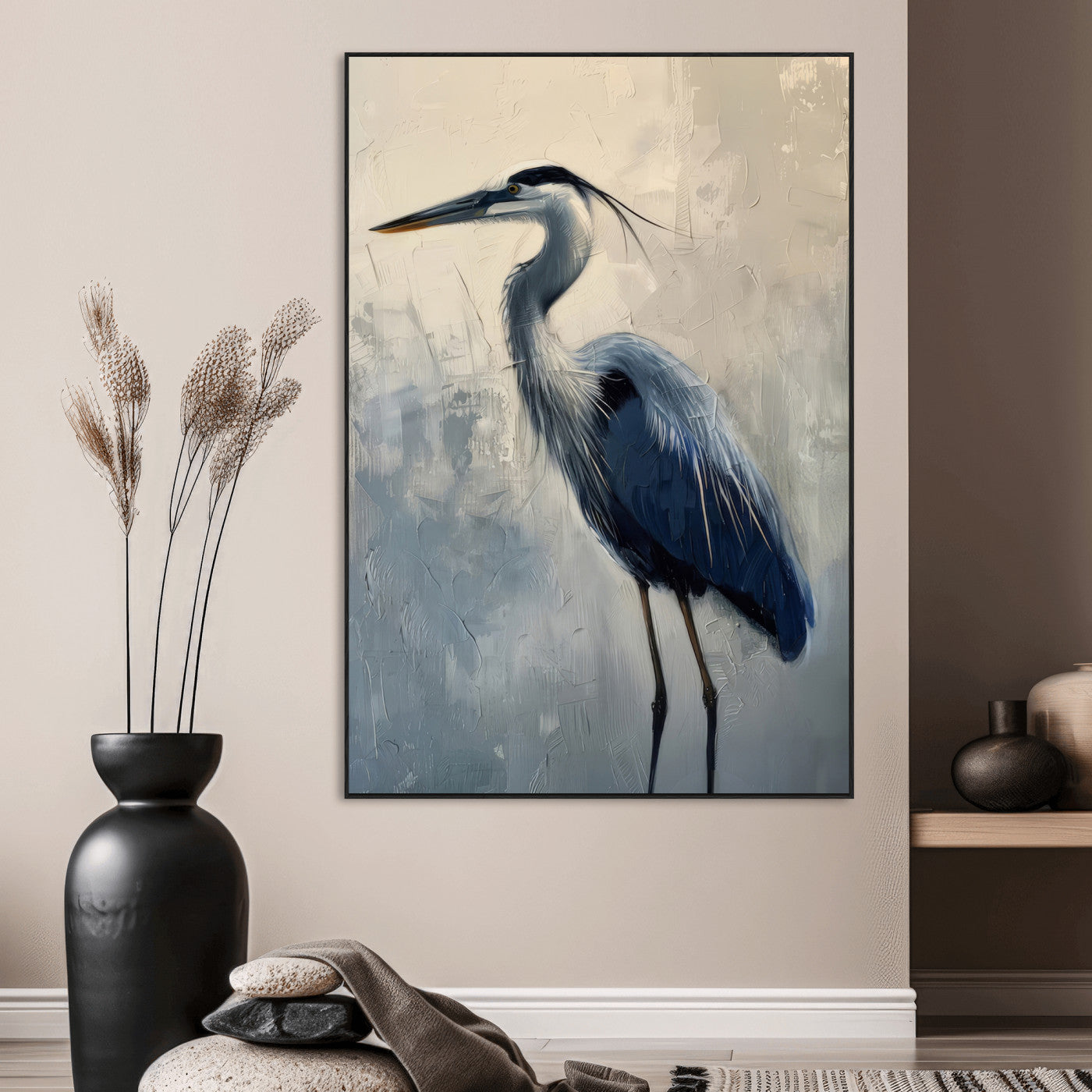 Elegant heron bird standing tall with soft brushstroke texture and muted tones, perfect for coastal or nature-themed home decor.