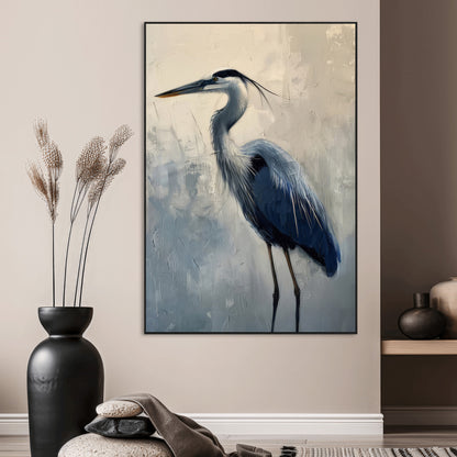 Elegant heron bird standing tall with soft brushstroke texture and muted tones, perfect for coastal or nature-themed home decor.
