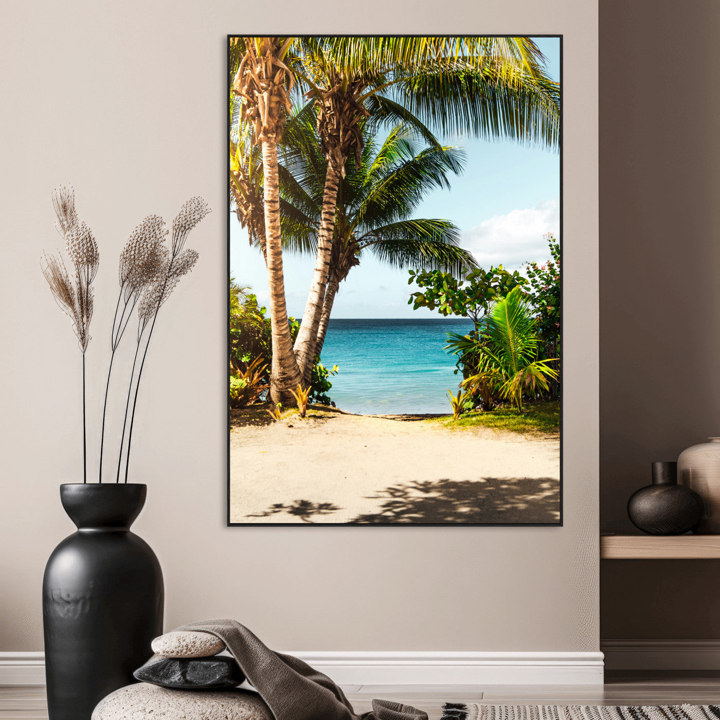 Tropical beach with palm trees, blue ocean, and clear sky, perfect for coastal or beach-themed wall decor in sunny living spaces.