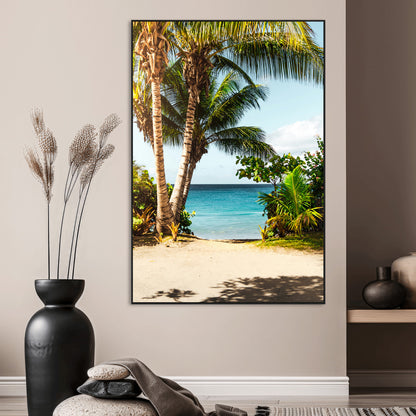 Tropical beach with palm trees, blue ocean, and clear sky, perfect for coastal or beach-themed wall decor in sunny living spaces.