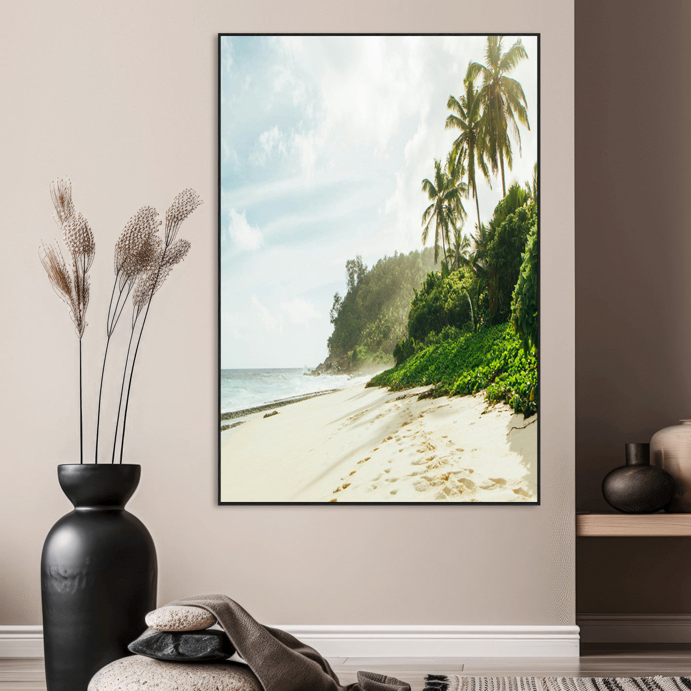 A tropical beach with palm trees, soft sand, and ocean waves under a bright sky, creating a peaceful and relaxing coastal view.